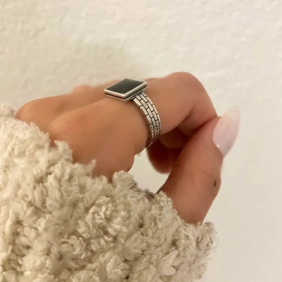 925 Sterling Silver Dainty Black Square Ring Minimalist Stackable Ring - Picture 6 of 6